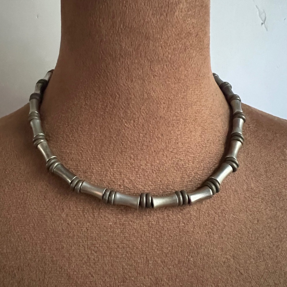 Vintage Silver Tone Bamboo Bead Choker Necklace 16 Inch Cottagecore